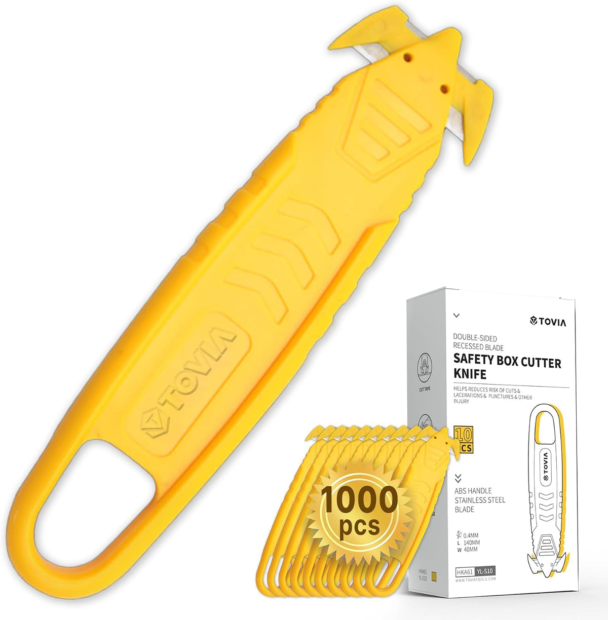 T TOVIA Safety Box Cutter Knife of Recessed Concealed Stainless Steel Blade, Package Opener Plastic Cutter for Box, Carton, Shrink Wrap, Plastic Straps, 1000pcs