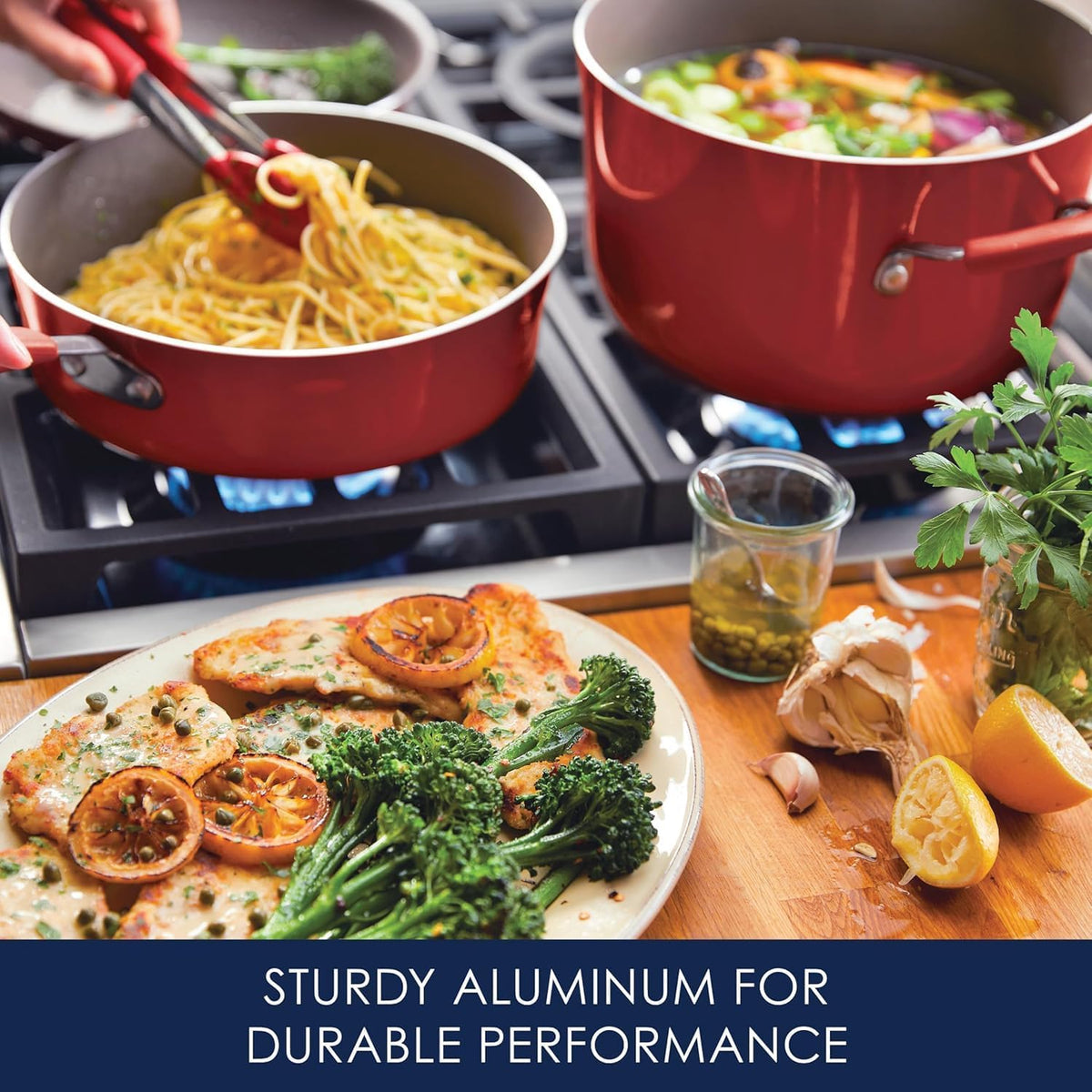 Rachael Ray Cucina Nonstick Cookware, Cranberry Red Pots and Pans Set, 12-Piece