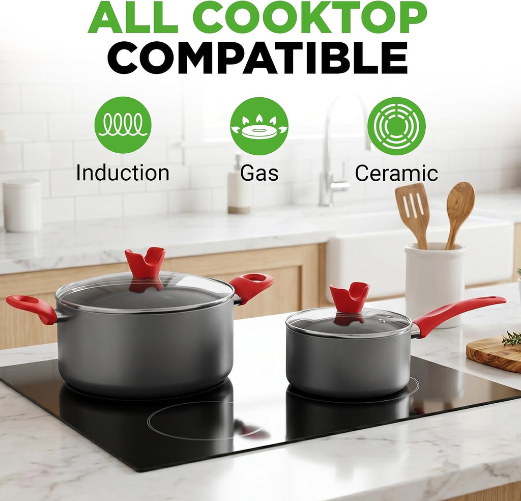NutriChef 21-Piece Nonstick Cookware Set - PTFE/PFOA/PFOS Free Heat Resistant Lacquer Kitchen Ware Pots Pan w/ Cool-Touch Handles, Saucepan, Fry Pans, Lid, Bakeware, For Gas Electric Ceramic Cooktops