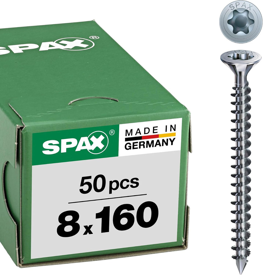 SPAX Woodworking Screw, 8.0 x 160 mm, Pack of 50, T-Star Plus, Countersunk Head with Milling Ribs, Full Thread, Cut Point, WIROX A3J, 1201010801605