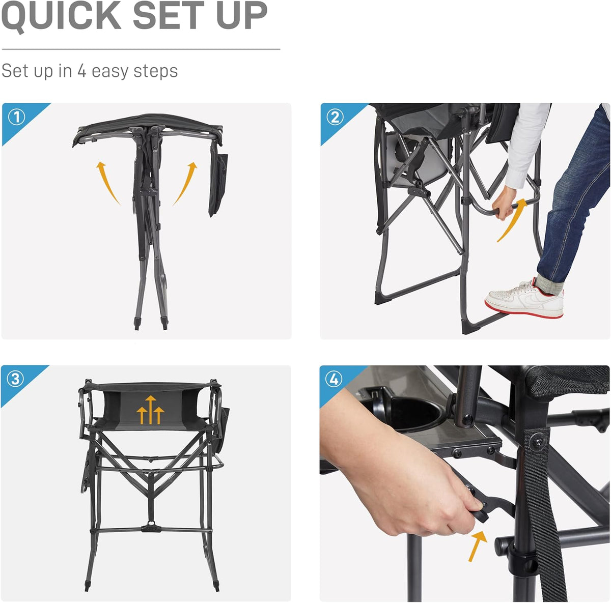 EVER ADVANCED 2 Piece Portable 30.7' Seat Height Tall Folding Camping Chair Directors Chair High with Side Table for Makeup Artist, Sports Event, Craft Show, Supports 350LBS