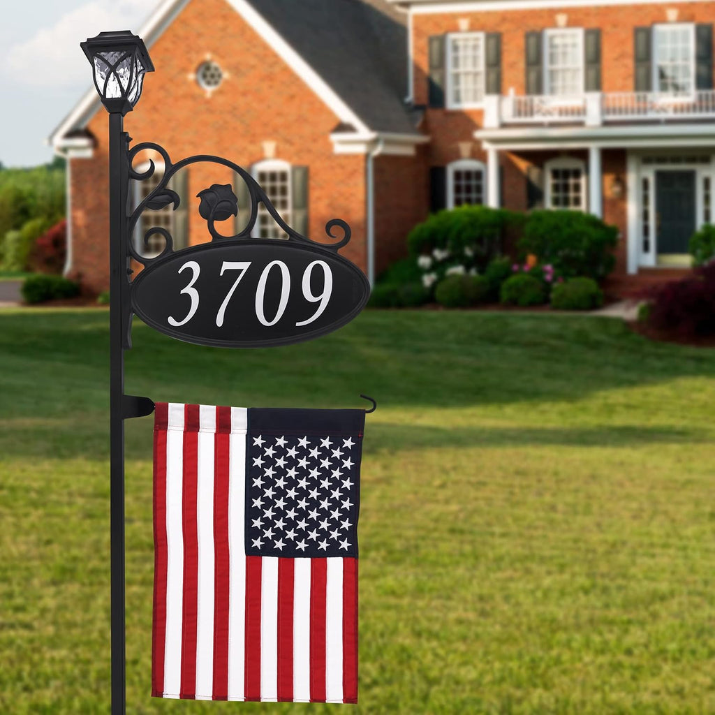 Address America USA Handcrafted Park Place Reflective Address Sign with Decorative American Flag and Solar Light - 47' Pole