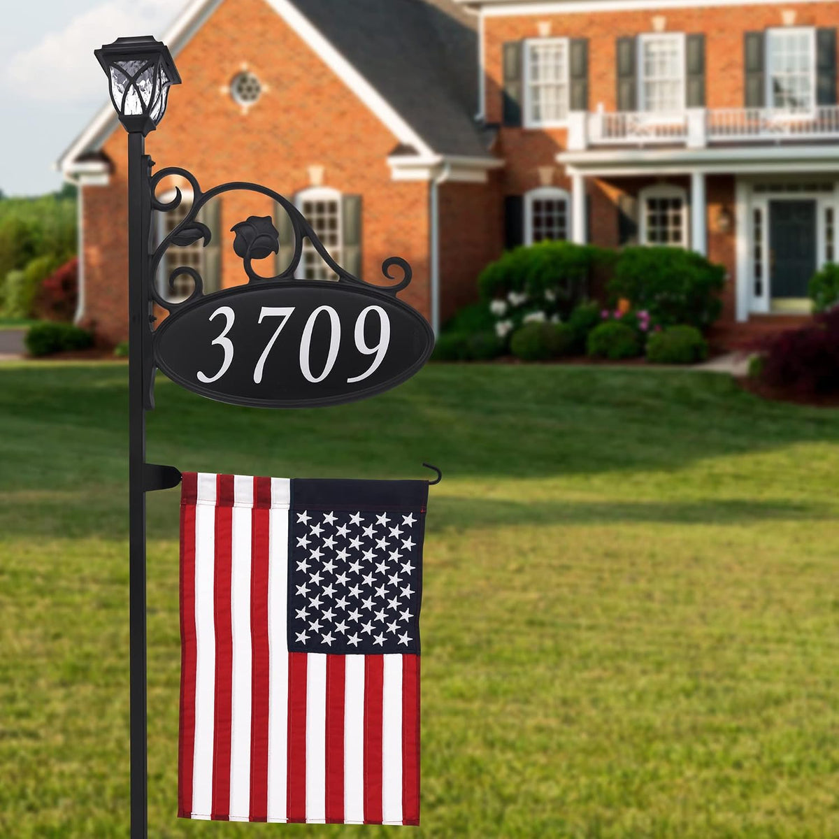 Address America USA Handcrafted Park Place Reflective Address Sign with Decorative American Flag and Solar Light - 47' Pole