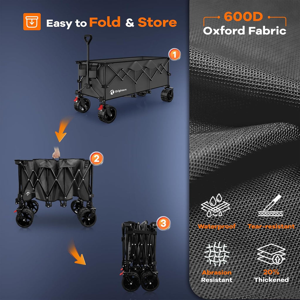 48' L Folding Beach Wagon Cart Foldable, 560lbs Weight Capacity 300L Heavy Duty Collapsible Wagons with Big All-Terrain Wheels, Utility Carts for Groceries, Shopping, Camping, Sports - Grey