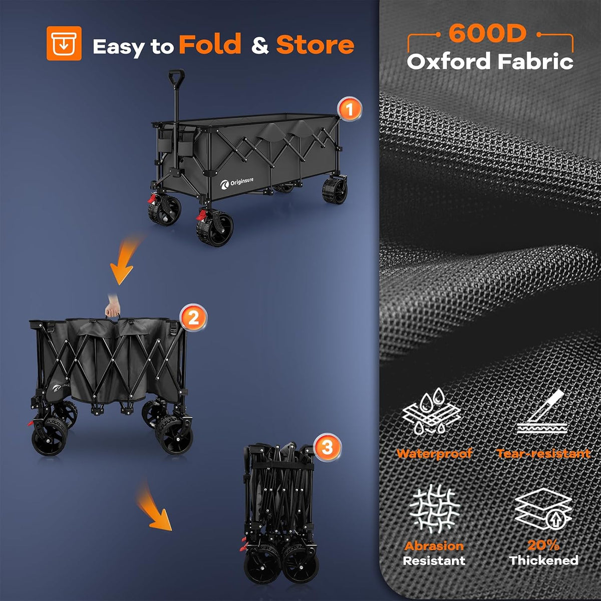 48' L Folding Beach Wagon Cart Foldable, 560lbs Weight Capacity 300L Heavy Duty Collapsible Wagons with Big All-Terrain Wheels, Utility Carts for Groceries, Shopping, Camping, Sports - Grey