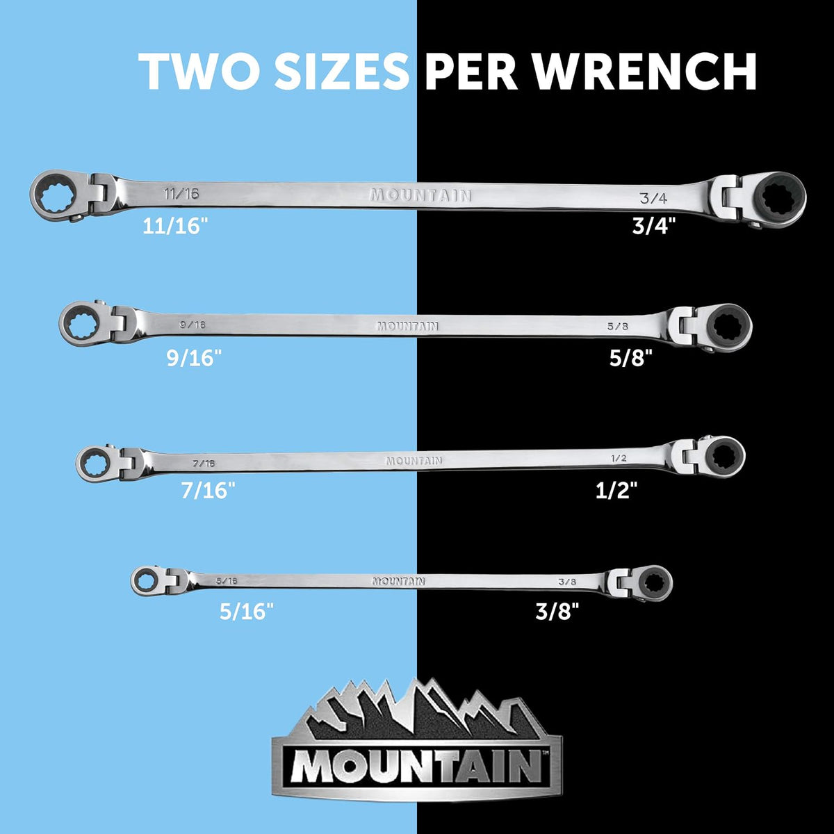 Mountain RF7 SAE Reversible Double Raised Box Ratcheting Wrench Set, Universal Spline, 90 Tooth Design, 180 Degree Rotating Head, Sizes 5/16', 3/8', 7/16', 1/2', 9/16' 5/8', 11/16', 3/4', 4-Piece