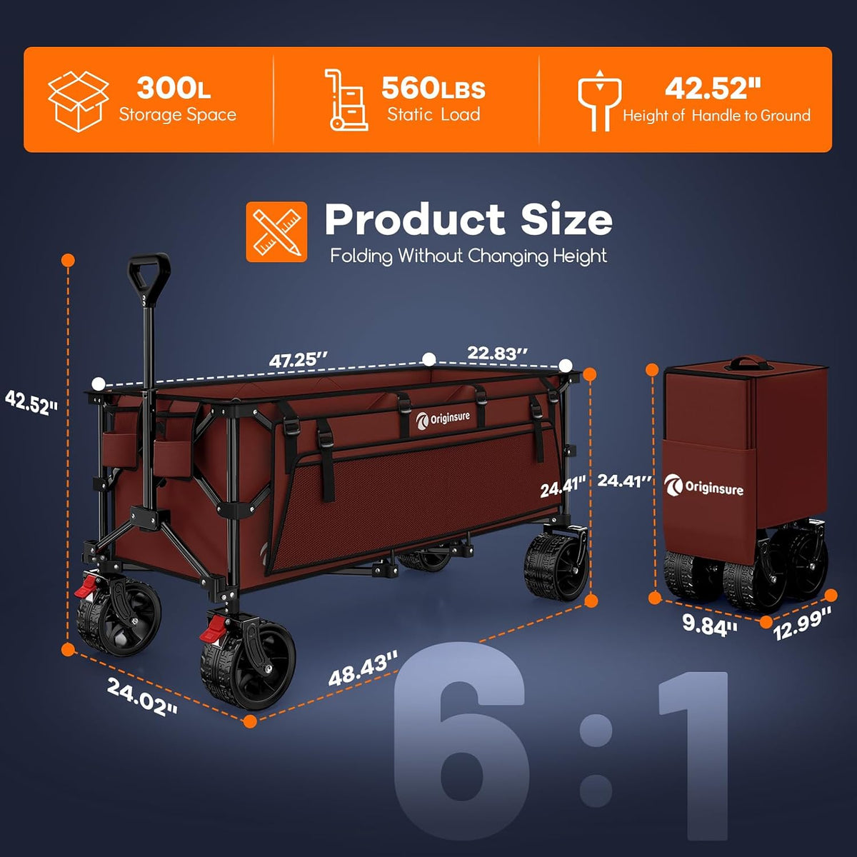 Originsure 48' L Collapsible Wagon Cart Foldable, 560lbs Weight Capacity 300L Heavy Duty Folding Beach Wagons with Big All-Terrain Wheels, Utility Carts for Groceries, Shopping, Camping, Sports-red
