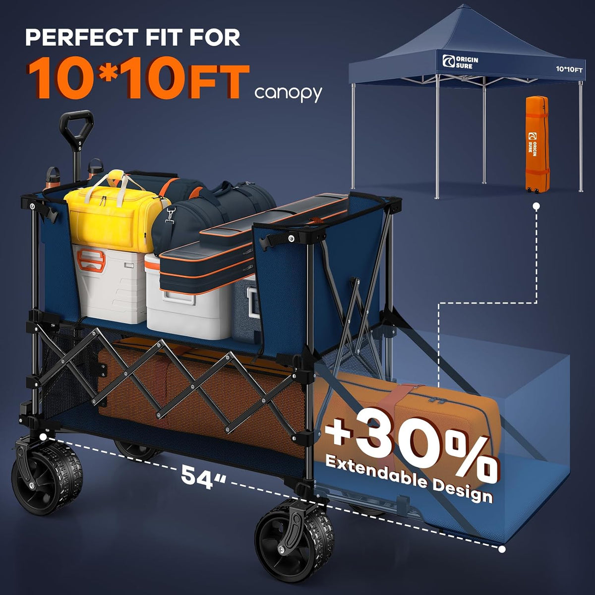 Originsure 400L Double Decker Wagon Collapsible with 54' L Tailgate, 560lbs Heavy Duty Carts Foldable, Extra Large Folding Beach Wagon with Big All-Terrain Wheels for Camping, Sports, Groceries, Blue