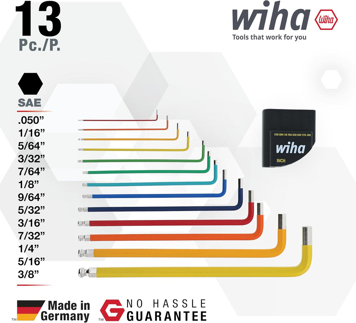 Wiha 66981 13-Piece Color Coded SAE Hex Key Allen Wrench Set, Ball End L-Key, .05'-3/8', Made in Germany