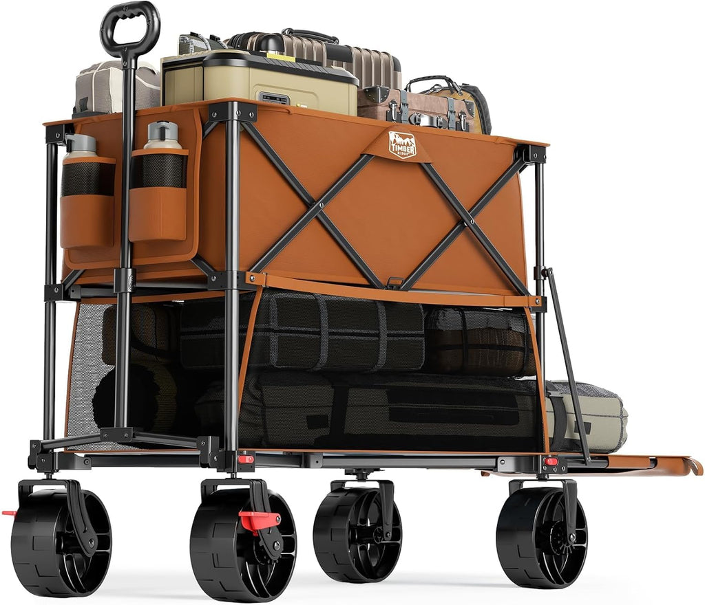 TIMBER RIDGE 400L Large Capacity Folding Double Decker Wagon with Brakes, 54' Extra Long Extender Wagon Cart, 450lbs Heavy Duty Collapsible Cart, All-Terrain Big Wheels for Camping, Sports, Shopping