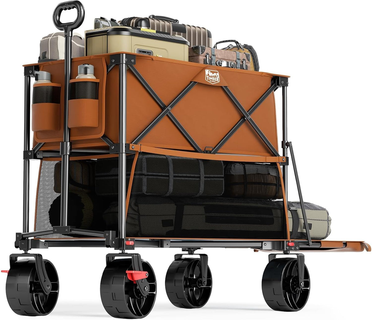 TIMBER RIDGE 400L Large Capacity Folding Double Decker Wagon with Brakes, 54' Extra Long Extender Wagon Cart, 450lbs Heavy Duty Collapsible Cart, All-Terrain Big Wheels for Camping, Sports, Shopping