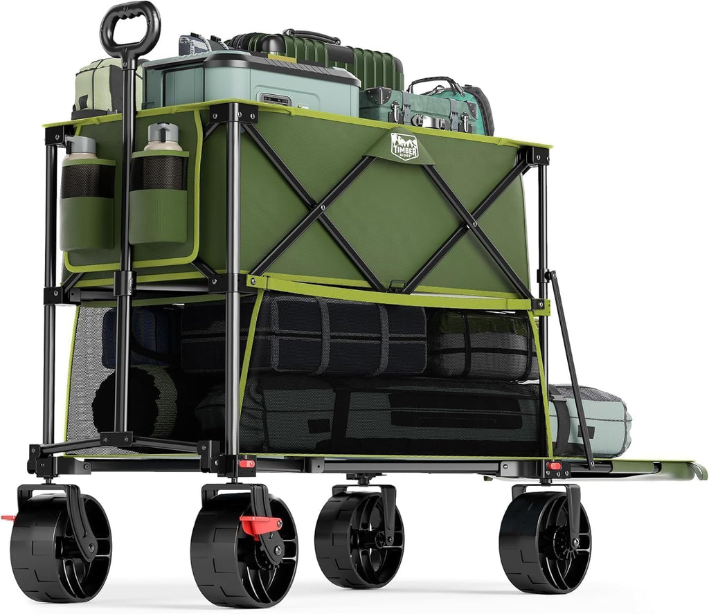 TIMBER RIDGE 400L Large Capacity Folding Double Decker Wagon with Brakes, 54' Extra Long Extender Wagon Cart, 450lbs Heavy Duty Collapsible Cart, All-Terrain Big Wheels for Camping, Sports, Shopping
