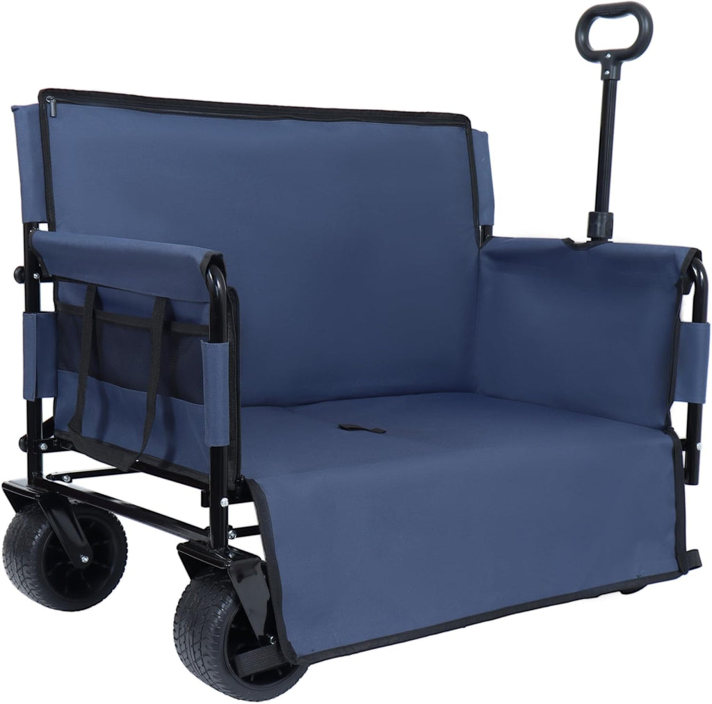 3-in-1 Convertible Folding Wagon Cart with Bench Seat & 180L Storage - 500lbs Heavy-Duty All-Terrain Wagon for Camping, Beach, Sports & Garden Use (Dark Blue)