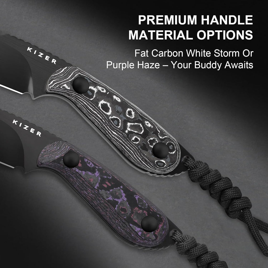 Kizer Buddy Fixed Blade Knife, 3' M390 Blade Camping Knife with Multicolored Fat Carbon White Storm Handle, Compact EDC Fixed Blade Knives with Sheath for Hiking Hunting Survival 1081A9