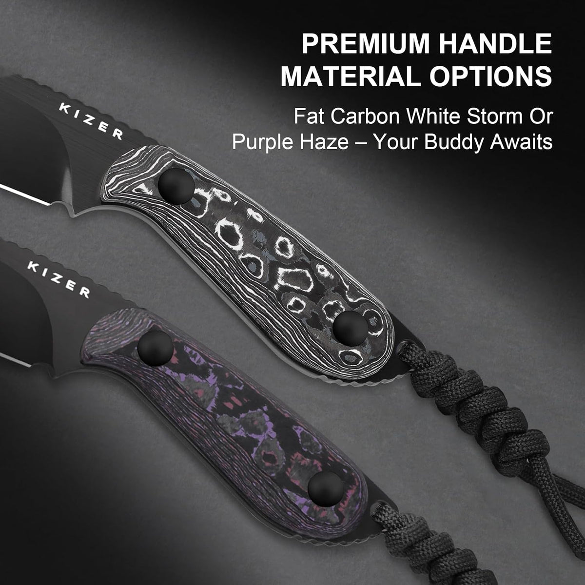 Kizer Buddy Fixed Blade Knife, 3' M390 Blade Camping Knife with Multicolored Fat Carbon White Storm Handle, Compact EDC Fixed Blade Knives with Sheath for Hiking Hunting Survival 1081A9
