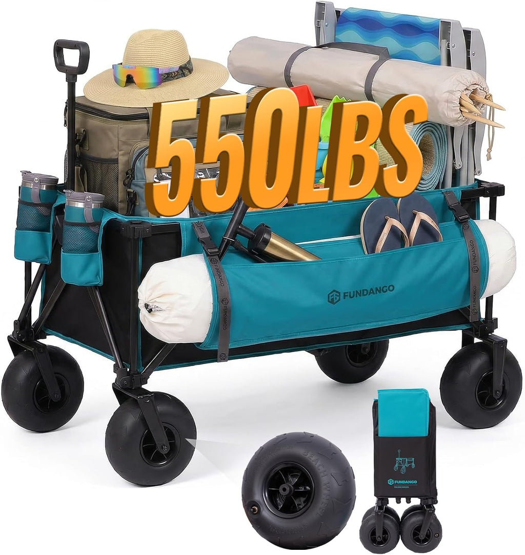 FUNDANGO Heavy Duty Beach Wagon with 9' Big Sand-Proof Wheels, 300L Large Beach Wagons with Balloon Wheel, Folding Collapsible All Terrian Cart with Side Pockets for Sports, Camping, Pump Included