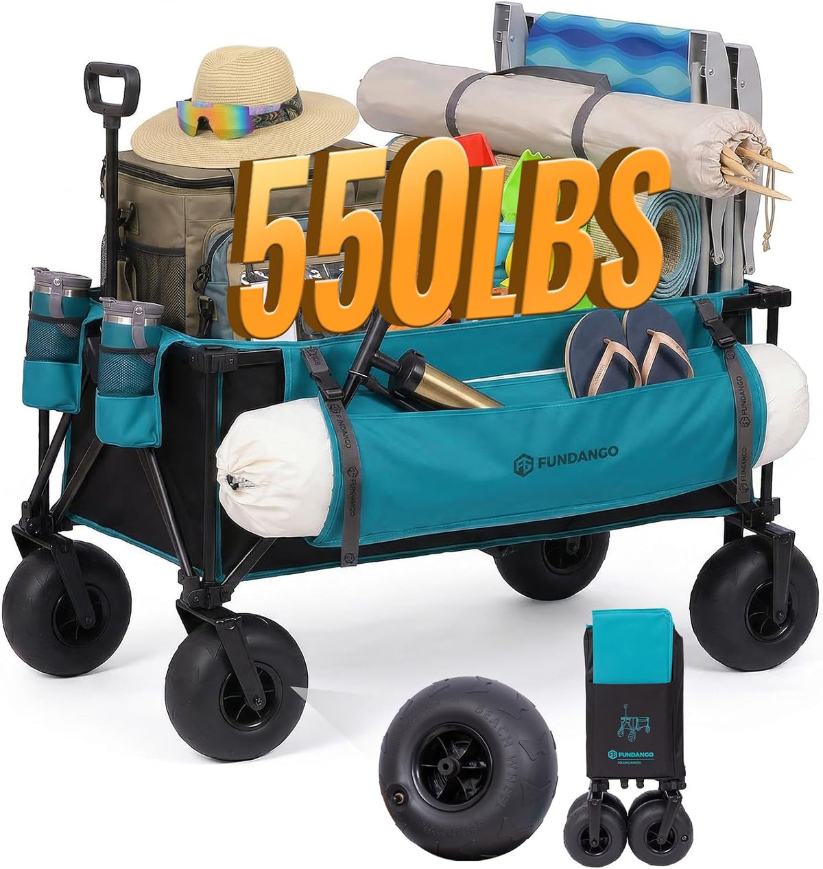 FUNDANGO Heavy Duty Beach Wagon with 9' Big Sand-Proof Wheels, 300L Large Beach Wagons with Balloon Wheel, Folding Collapsible All Terrian Cart with Side Pockets for Sports, Camping, Pump Included