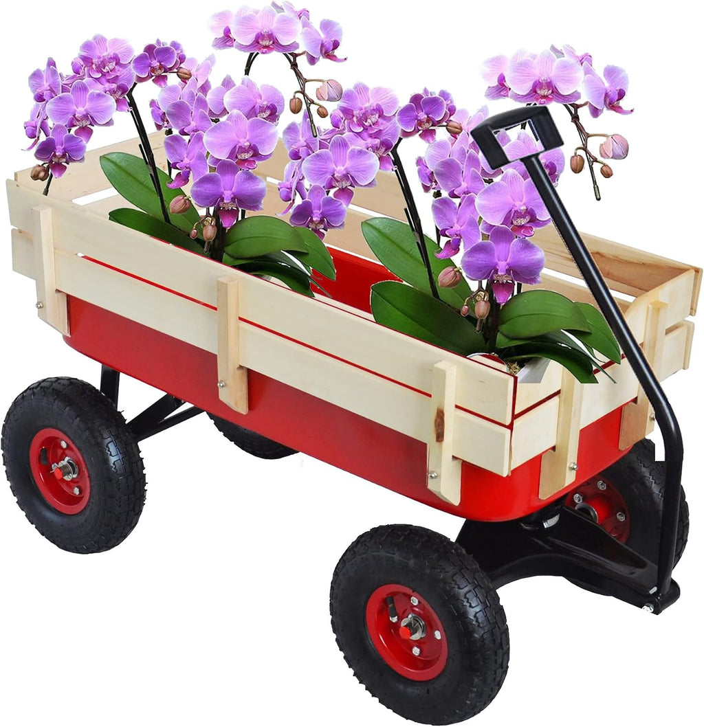 Outdoor Sport Wagon All Terrain Pulling with Removable Wooden Side Panels Air Tires Big Foot Panel Wagon - Red