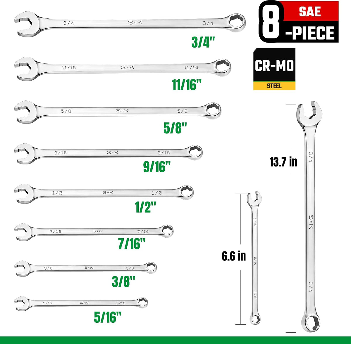 SK 6 Point Bolt Extractor Wrench, SAE 5/16' to 3/4', 8-Piece, Extra Long Combination Wrench Set, Mirror Krome Finish, Premium CR-MO Construction, for Rounded and Stripped Bolts Removal