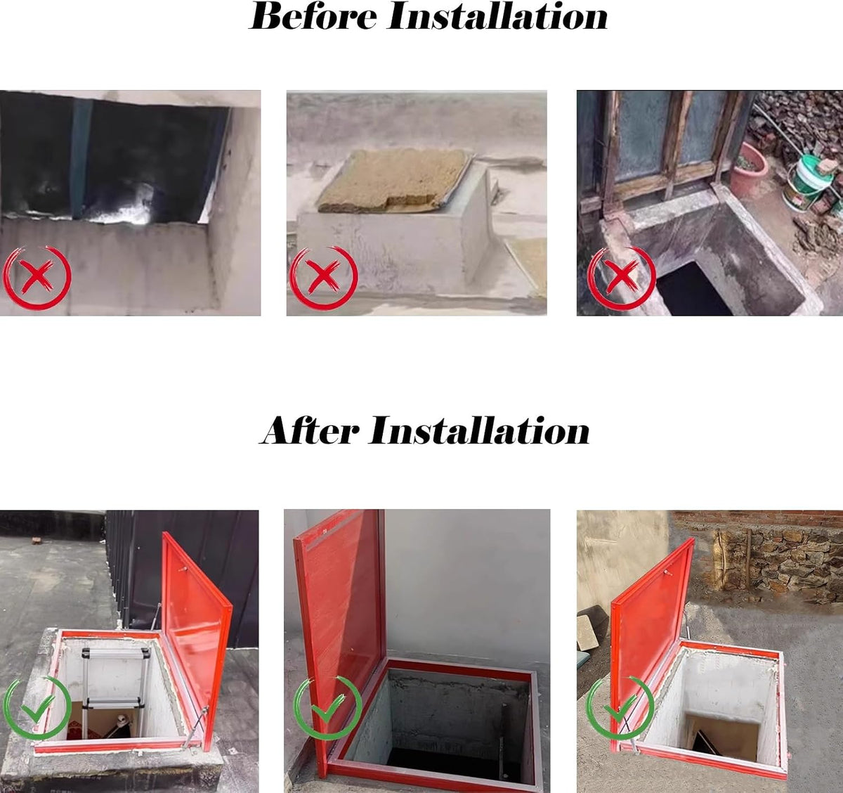 Outdoor Metal Attic Skylight Lids, Red Rectangular Basement Exit Covers with Hasp Latch Gas Shock Strut, Heavy Duty Rooftop Hatch Cover Plate