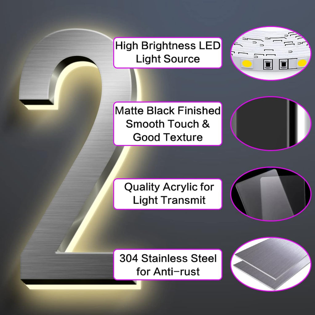 Backlit 3D LED House Number Plaque Warm White Light 0-9 Letter A-Z Stainless Steel Illuminated Address Sign For Home Outdoor, Modern Floating, Brushed Silver,14 Inch,5