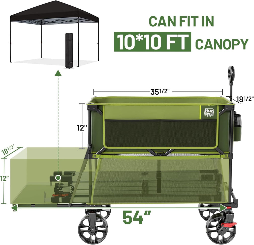 TIMBER RIDGE 400L Large Capacity Folding Double Decker Wagon with Brakes, 54' Extra Long Extender Wagon Cart, 450lbs Heavy Duty Collapsible Cart, All-Terrain Big Wheels for Camping, Sports, Shopping