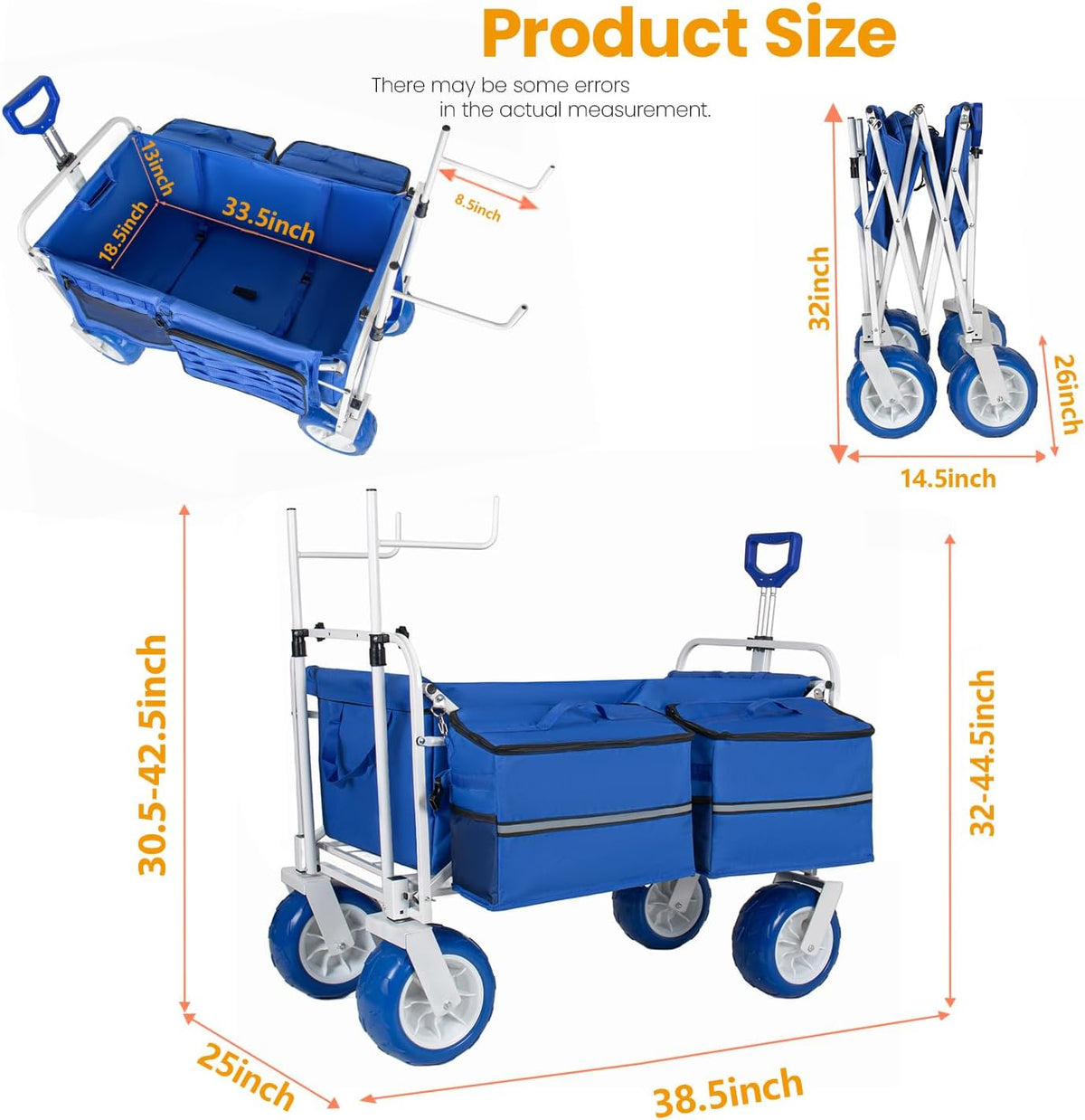 500lbs Heavy-Duty Beach Wagon Cart.9 All-Terrain Wheels,Adjustable Handle,Folding Chair Racks,Insulated Cooler Bags &Multi-Pocket Storage for Beach,Camping &Outdoor Sports.Collapsible Utility Wagon