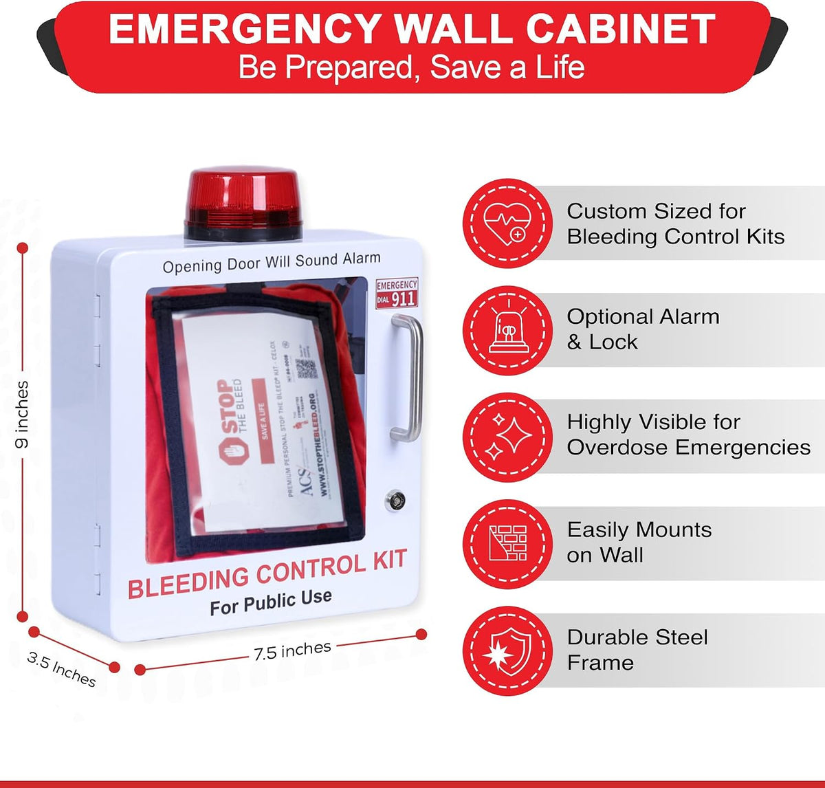Bleeding Control Kit Emergency Wall Mount Cabinet | Fits Most Standard Bleeding Kits Including Stop the Bleed | Bleeding Kit not Included (White)
