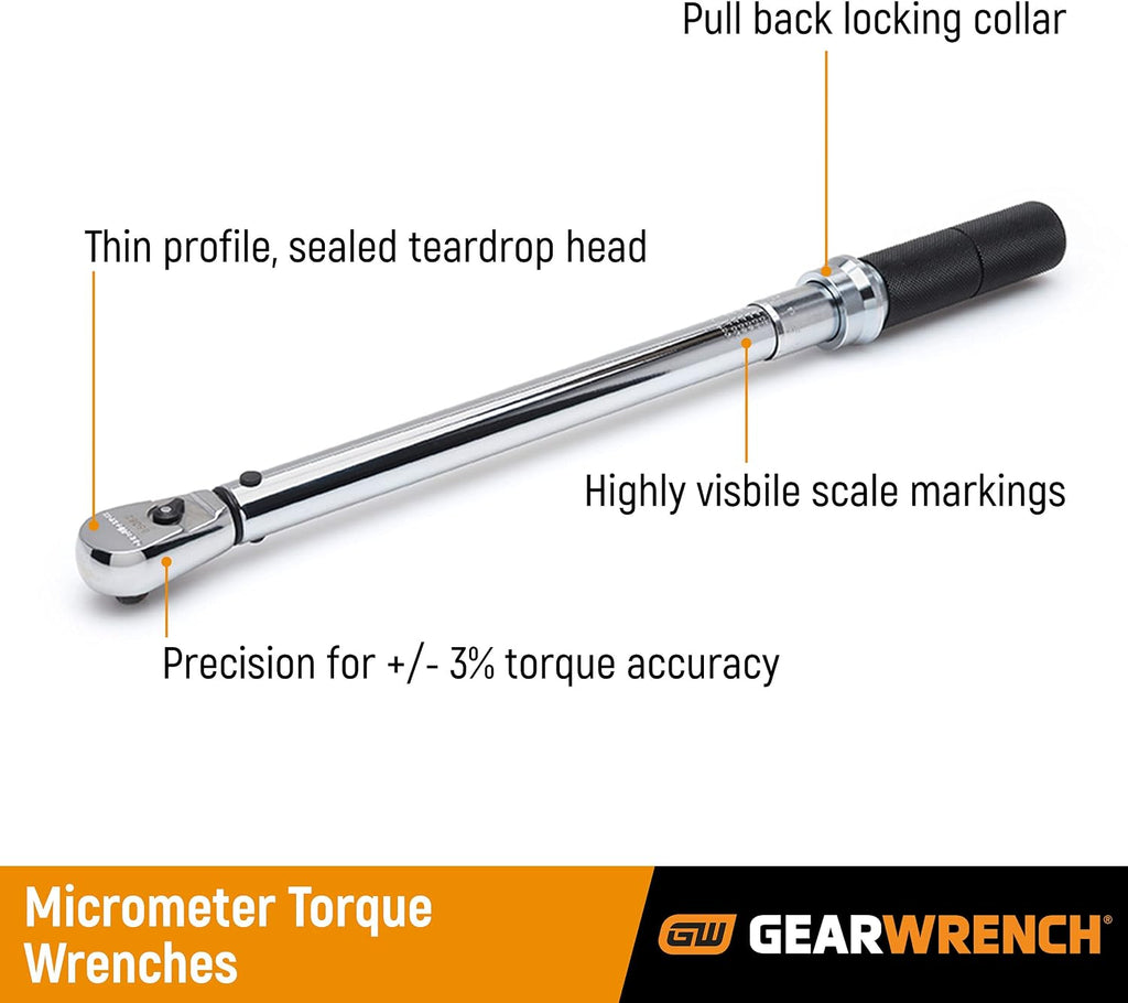 GEARWRENCH 3/8' Drive Micrometer Torque Wrench 10-100 ft/lbs. - 85062M , Black