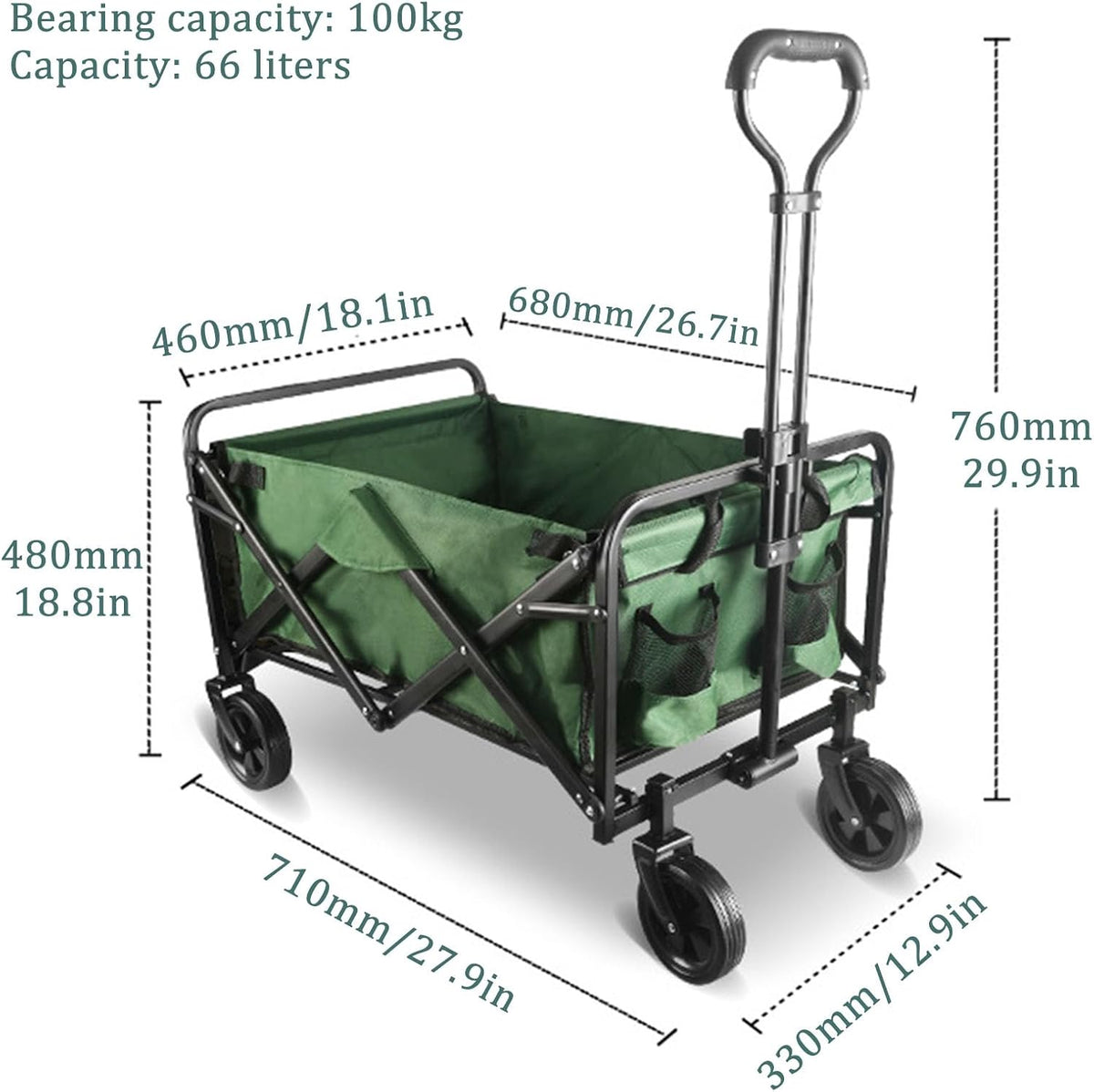 Bgarden Carts,Green Collapsible Wagon,Sports Outdoor Utility Wagon Folding Garden Wagon Sports Steel Frame Foldable Yard Car Camping Cart with Side Pockets Bearing 100Kg