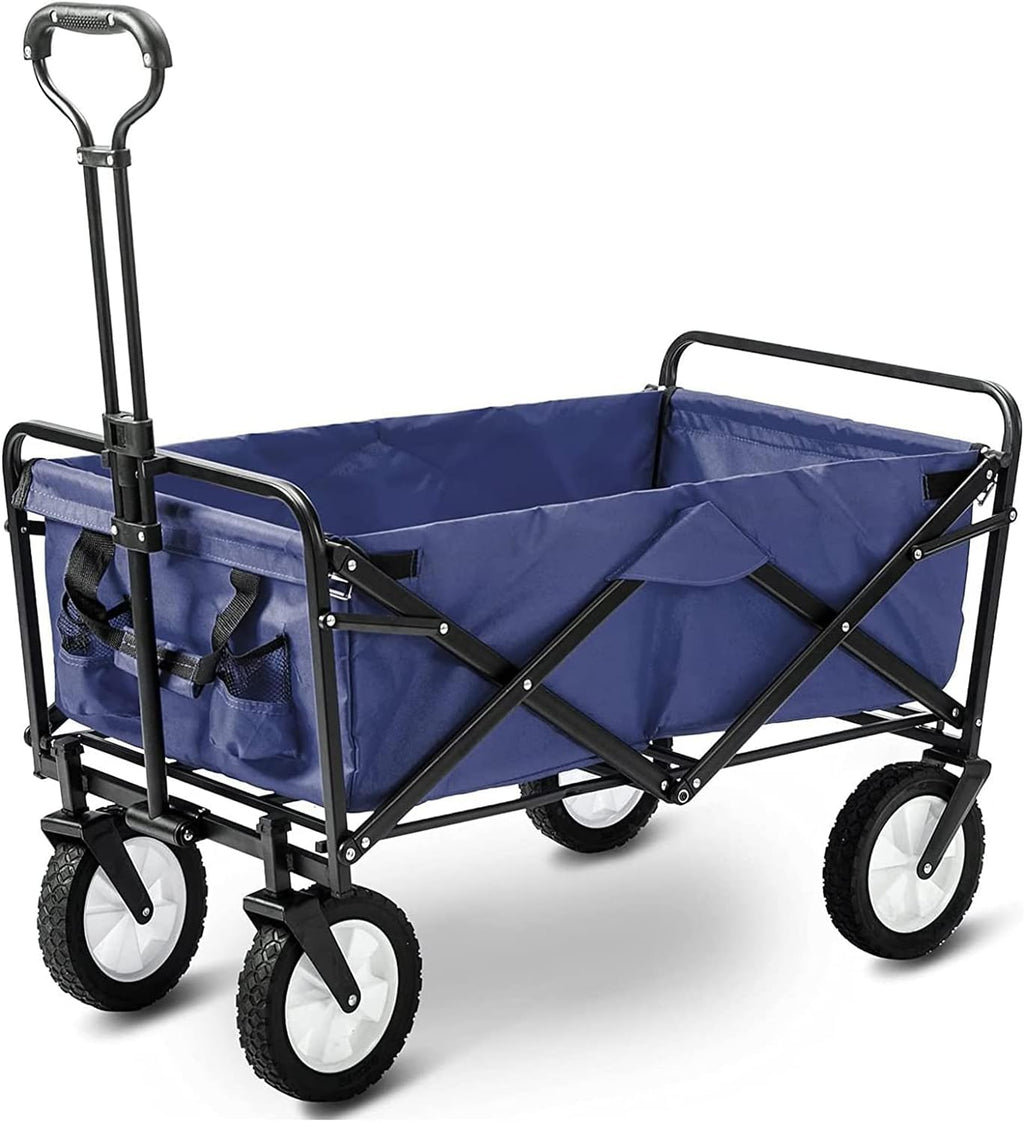 Heavy Duty Foldable Garden Trolley Cart - Collapsible Outdoor Wagon with Universal Wheels, Adjustable Handle, 80KG Capacity for Camping, Gardening, and Utility Use - Blue