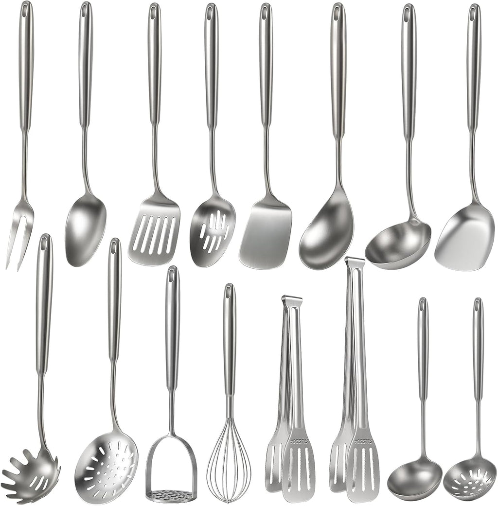 Newness 16 Pcs Cooking Utensils Set, 304 Stainless Steel Kitchen Utensils Set, Metal Kitchen Accessories, Include Soup Ladle, Slotted Skimmer Spoon, Spaghetti Spoon and Spatula, Dishwasher Safe