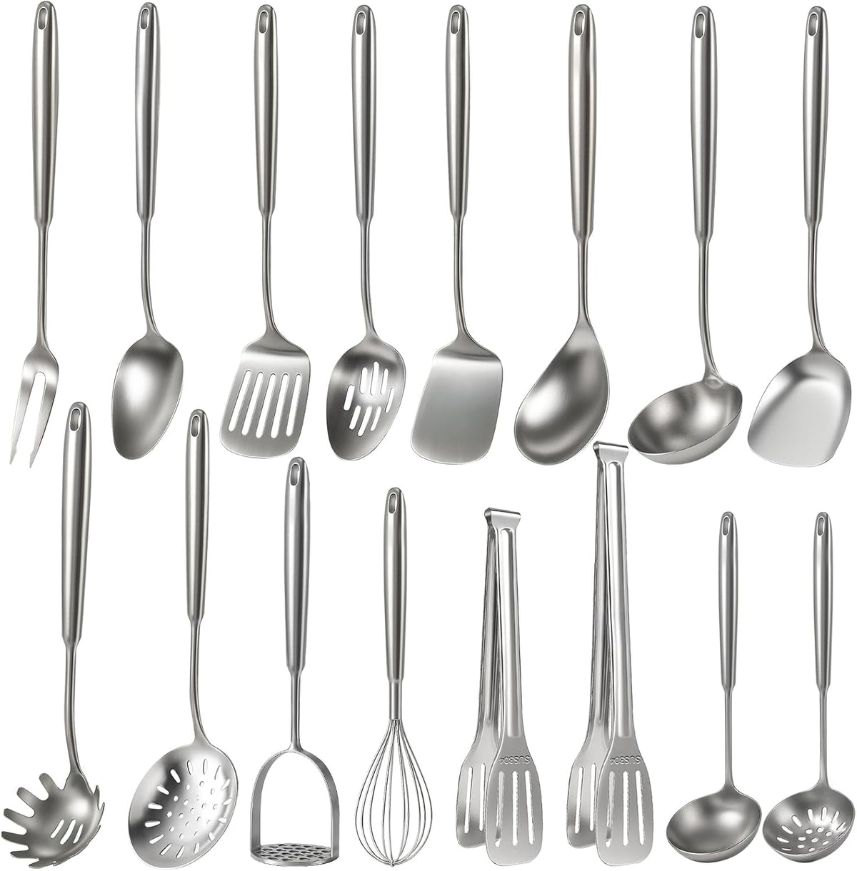 Newness 16 Pcs Cooking Utensils Set, 304 Stainless Steel Kitchen Utensils Set, Metal Kitchen Accessories, Include Soup Ladle, Slotted Skimmer Spoon, Spaghetti Spoon and Spatula, Dishwasher Safe