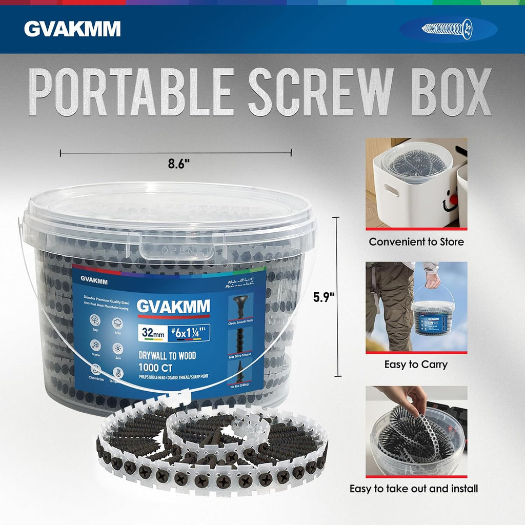 #6 ×1-1/4 inch Drywall to Wood Collated Screws – 6000 Count (6 Pack of 1000-Count Buckets), Black Coarse Thread Sheetrock Screws