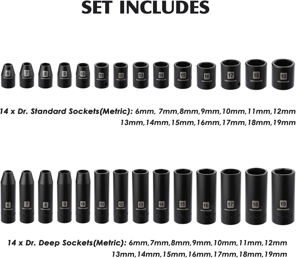 MIXPOWER 3/8'' Drive Master Impact Socket Set, 87-Piece Deep & Standard SAE and Metric,CR-MO, 1/4-Inch to 3/4-Inch and 6-19 mm, Impact Universal Sockets, Inverted Star Sockets, Extension Bar & Adapter