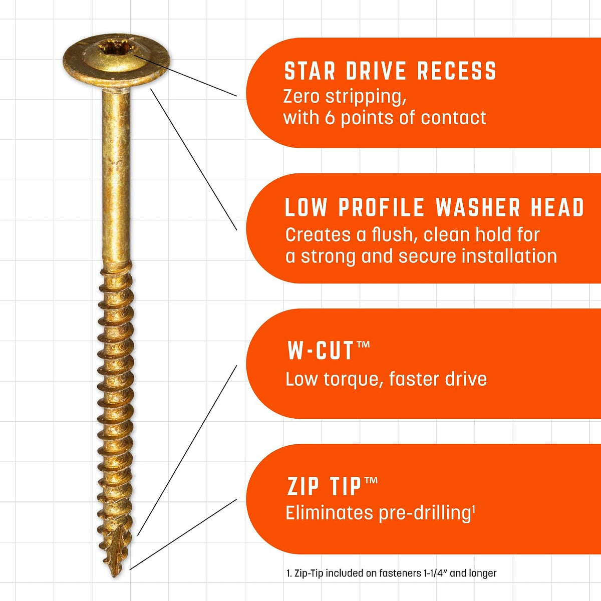 GRK Fasteners #8 x 1-1/2 Inch Low-Profile Cabinet Screws, 3000 PCS, Indoor/Outoor Climatek® Coating, Washer Head for Strong Hold, W-Cut™ Fast Drive Threads, Star Drive Recess, Gold