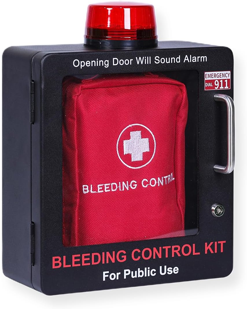 Bleeding Control Kit + Emergency Wall Mount Cabinet | Optional Lock & Alarm Feature Included (Black)