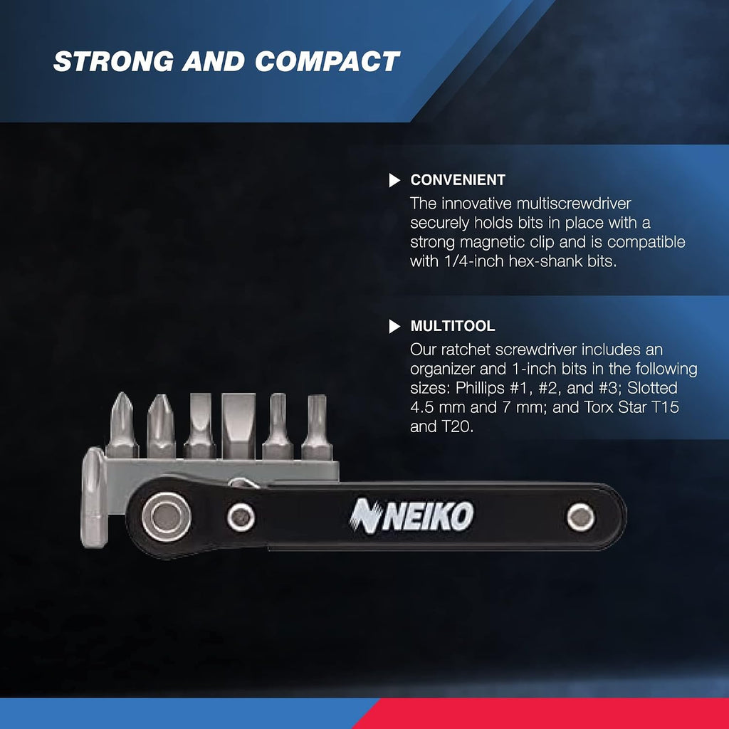 NEIKO 03044A 1/4-Inch Drive Mini Ratchet Screwdriver Set, 8 Pc, Cr-V Steel, Tight Reach, 90 Degree Screwdriver, Low Profile, Close Quarter, Right Angle Offset, Short Phillips, Slotted (Pack of 100)