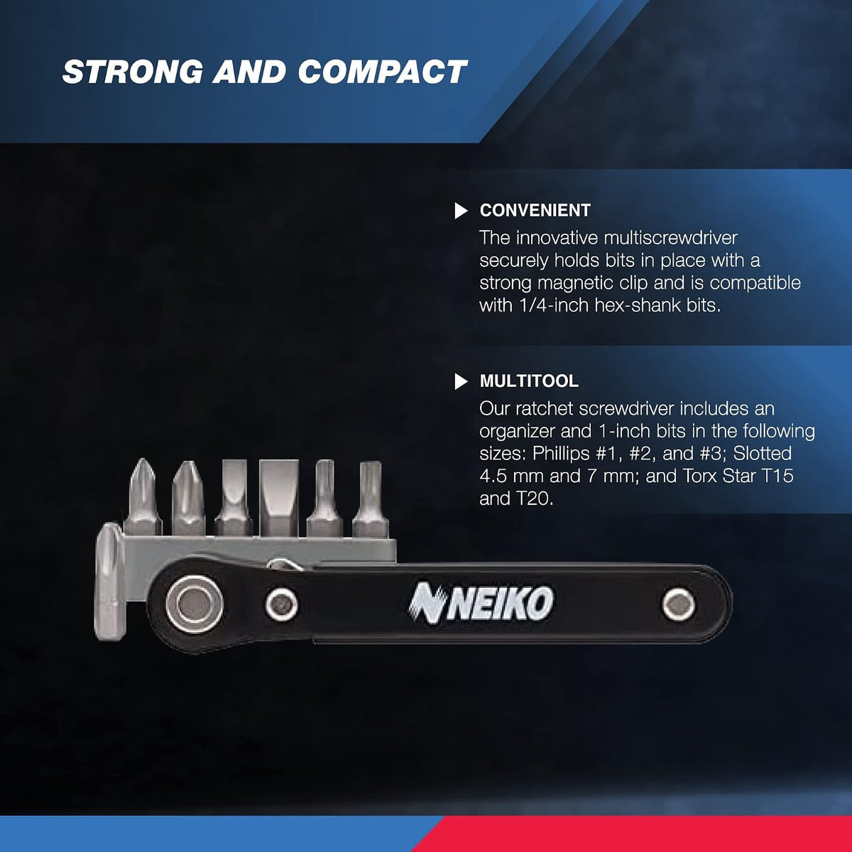 NEIKO 03044A 1/4-Inch Drive Mini Ratchet Screwdriver Set, 8 Pc, Cr-V Steel, Tight Reach, 90 Degree Screwdriver, Low Profile, Close Quarter, Right Angle Offset, Short Phillips, Slotted (Pack of 100)