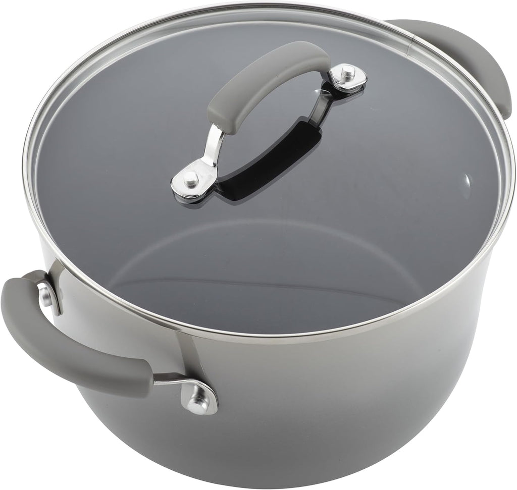 Rachael Ray Cookware Classic Brights Hard Enamel Aluminum Nonstick Cookware Set, 14-Piece, Sea Salt Gray