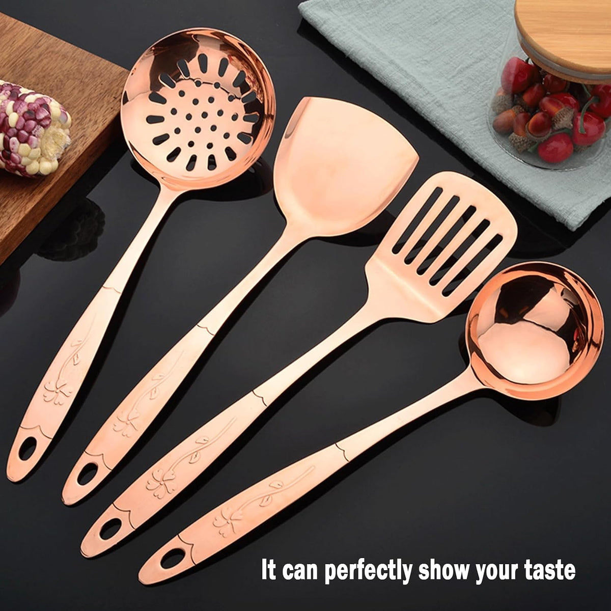 5-Piece Pure Copper Kitchen Cooking Utensils Set, Stylish Copper Kitchen Accessories, Cookware Set for Home or Restaurant Cooking (5)