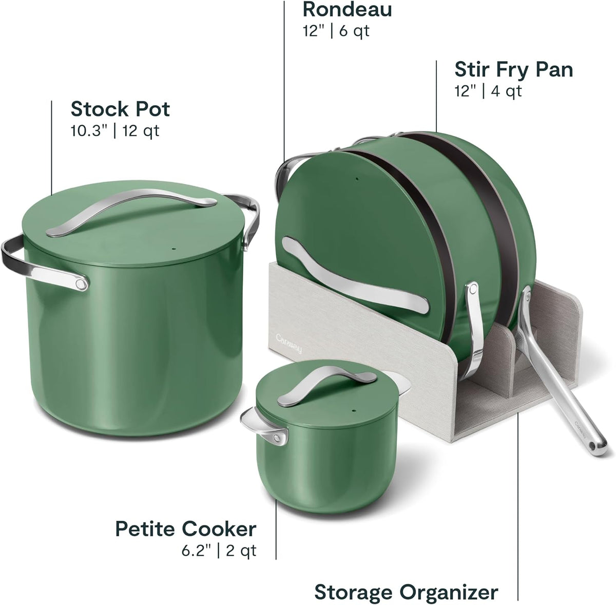 Caraway Cookware+ Collection - Specialty Cookware Set - Petite Cooker, Stir Fry Pan, Rondeau, & Stock Pot - 3 Lids & Storage Organizer Included - Gray