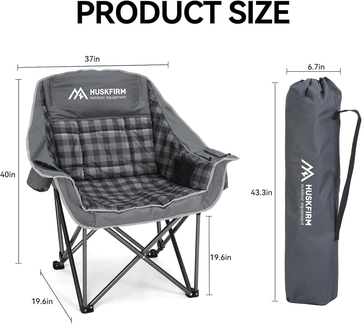 Huskfirm 2 Pack Camping Chairs Oversized Padded Camping Chair Heavy-Duty Foldable Camping Chairs with Cup Holder and Cooler Bag Portable Lawn Chair for Sports Outdoors-Support 450LBS, Grey