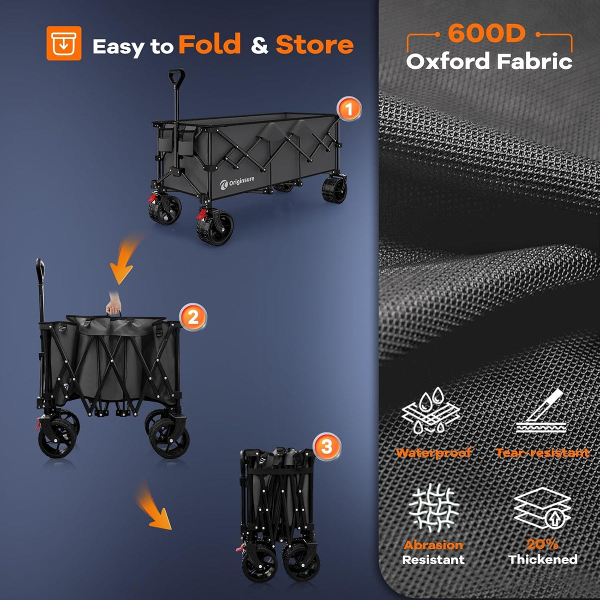 Originsure 48' L Collapsible Wagon Cart Foldable, 560lbs Weight Capacity 300L Heavy Duty Folding Beach Wagons with Big All-Terrain Wheels, Utility Carts for Groceries, Camping, Sports - Grey
