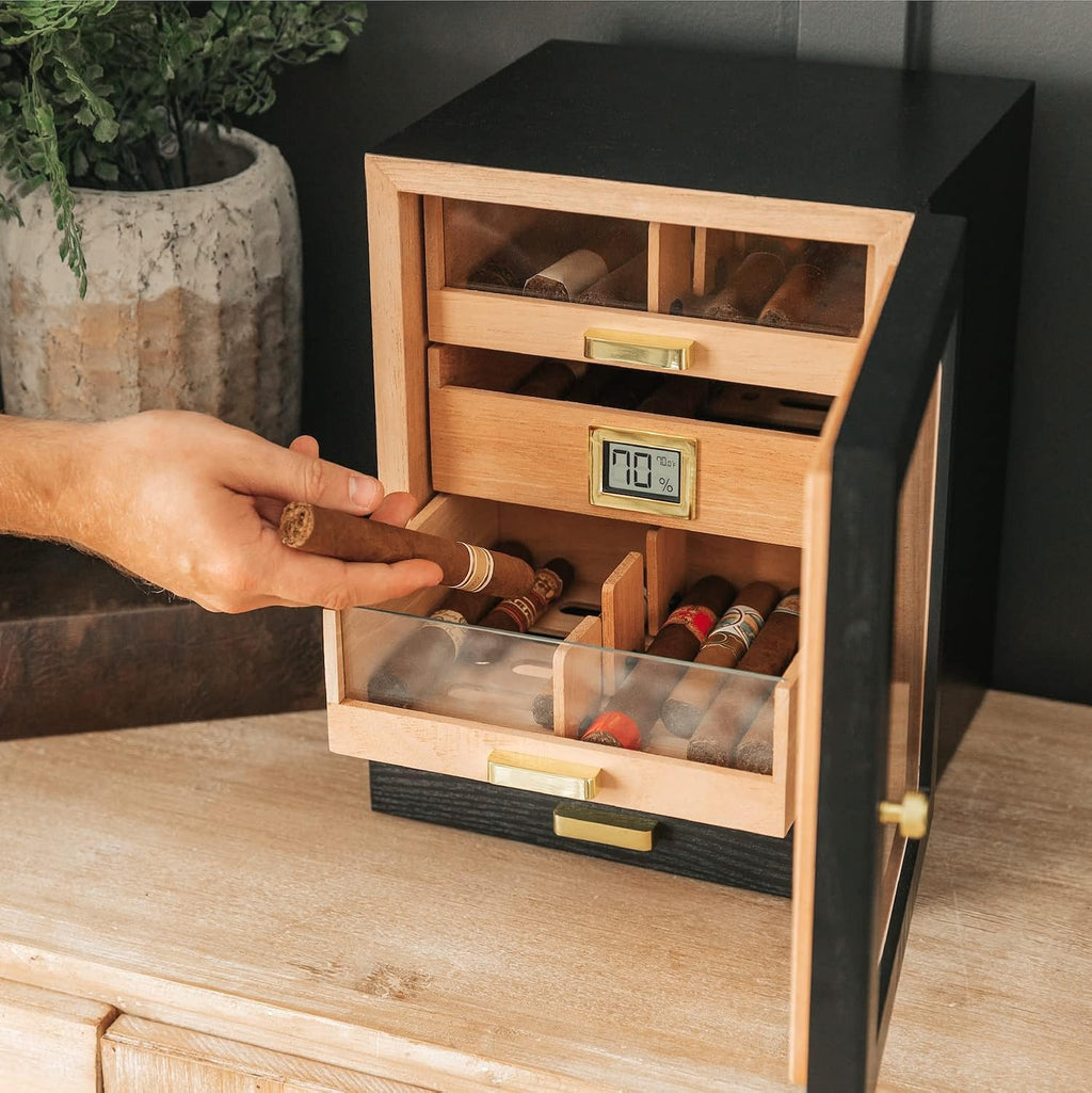 CASE ELEGANCE Luca Humidor Cabinet Stores 80-100, Cigar Humidor Box with Spanish Cedar, Glass Display, Easy Humidification System, Digital Hygrometer - Black