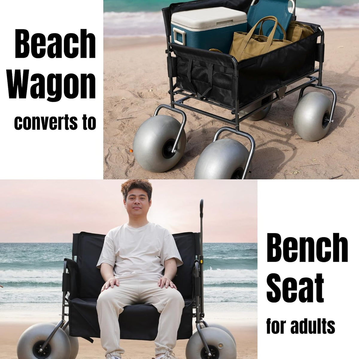 Beach Wagon with 13'' Balloon Wheels, Foldable Cart Converts into a 2-Person Sofa for Adults, Wheel Chair Wagon Bench Love Seat Combo with Big Wheels for Sand
