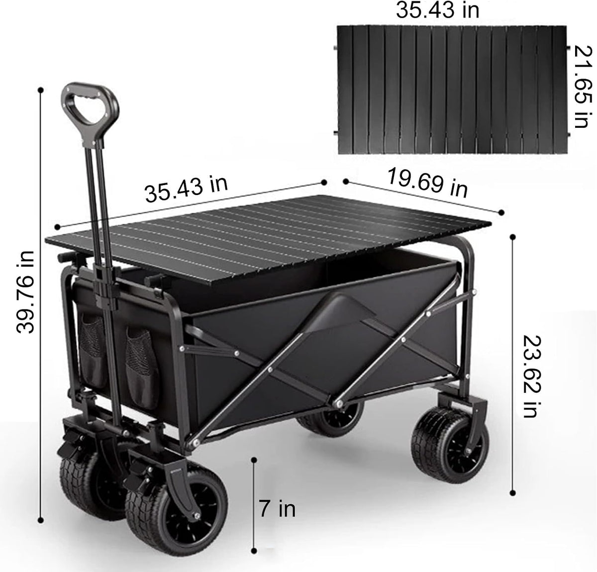 Collapsible Folding Camping Wagon with Table & 2 Folding Chairs, 400L Large Capacity Heavy Duty Utility Beach Cart with All-Terrain Wheels, for Outdoor, Garden, Grocery, Beach, Camping (Black)