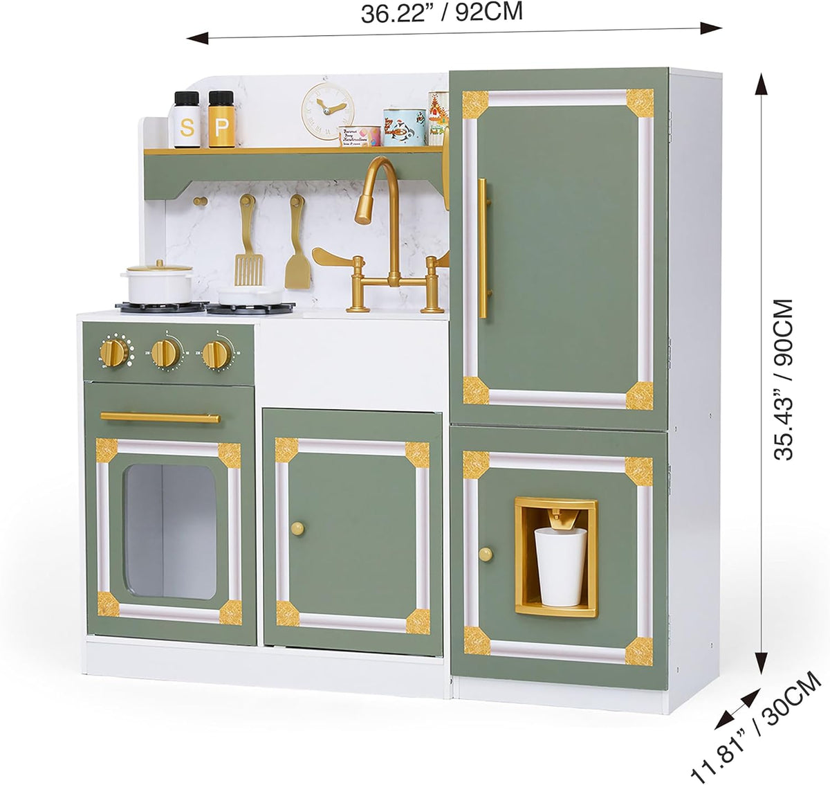 Teamson Kids Versailles Wooden Deluxe Play Kitchen Set Plus Refrigerator with Ice Dispenser and 15 Cookware Accessories, Olive Green