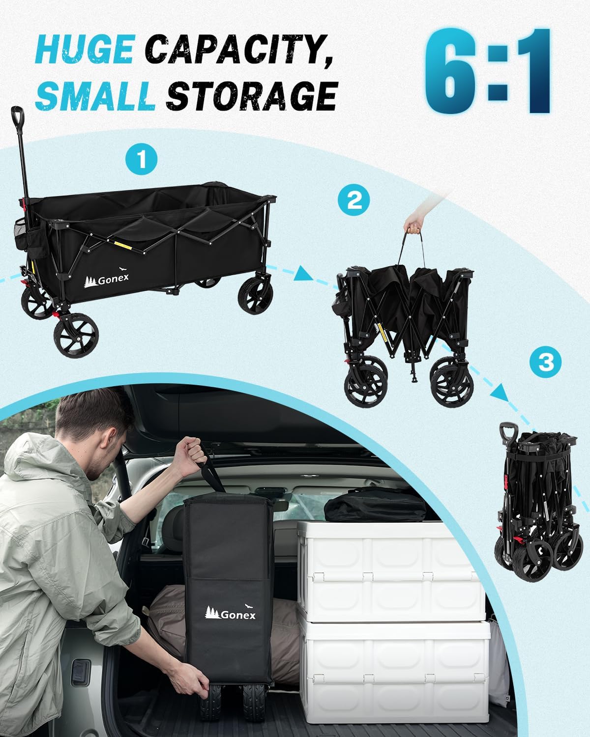 Gonex 48''L Collapsible Foldable Heavy Duty Oversized Wagon with 440lbs Weight Capacity, 300L Folding Large Utility Garden Grocery Shopping Cart with 8' H All-Terrain Wheels & 2 Drink Holders - Black