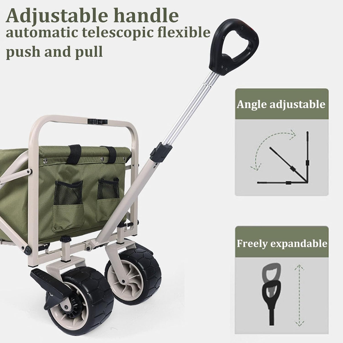 Garden Carts,Green Collapsible Wagon,Light Coffee Color Sports Outdoor Utility Wagon Folding Bearing 120Kg Garden Wagon Sports Heavy Duty Steel Frame Foldable Yard Car